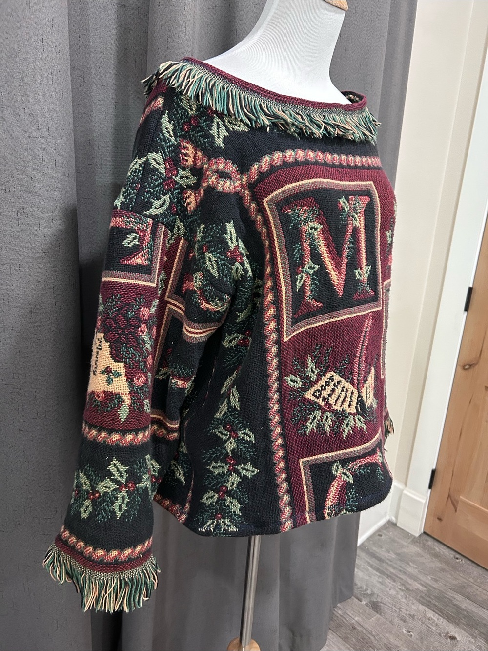 Fringed Tapestry Upcycled Sweater - Burgundy Floral - Picture 2 of 16